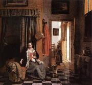 Mother Lacing Her Bodice beside a Cradle s, HOOCH, Pieter de